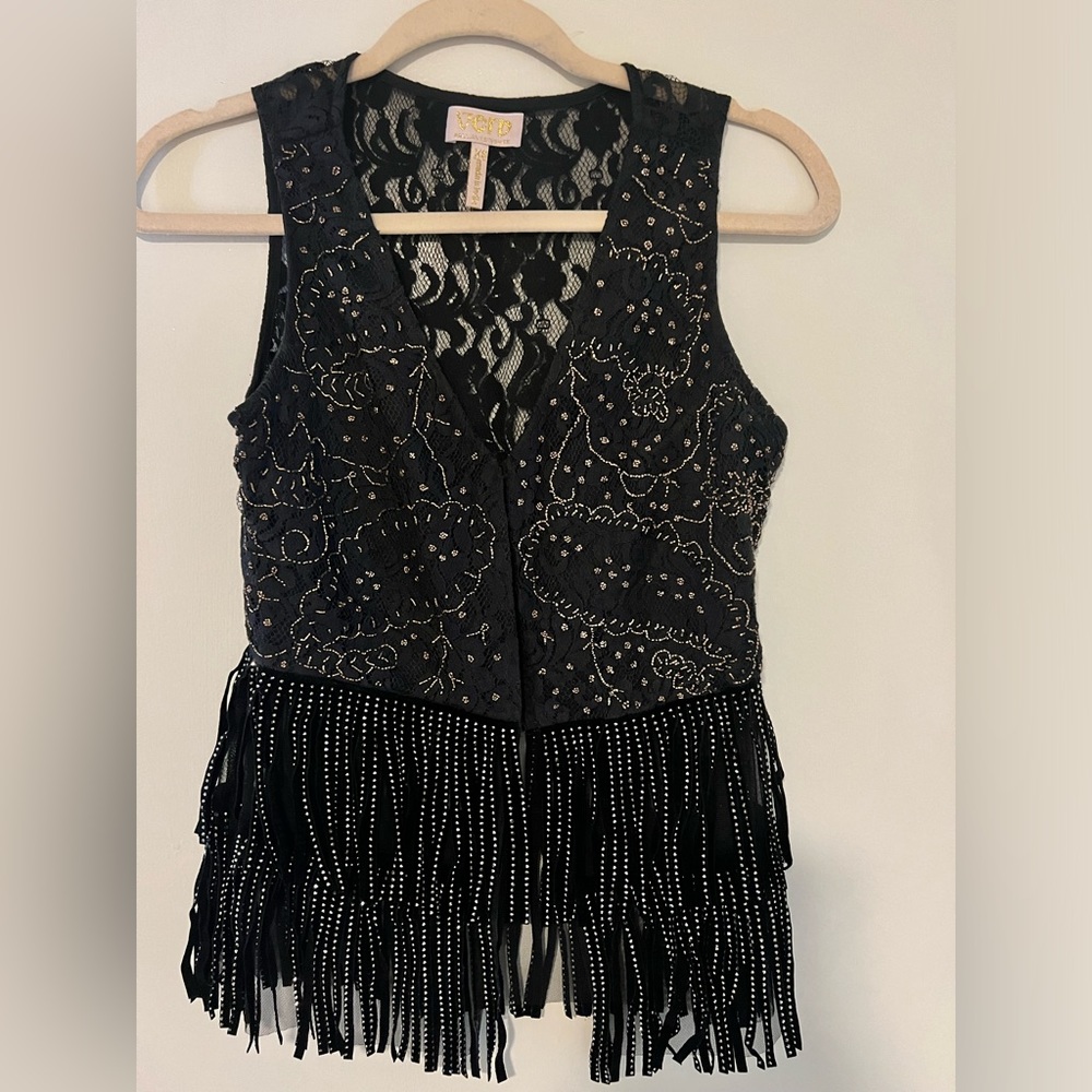 Anthropologie Black Beaded Lace Fringe Vest